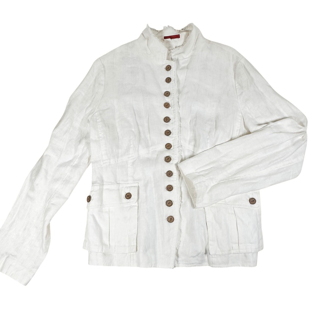 Tape Measure White 100%  Linen‎ Jacket Size 16 Button Down High Collar